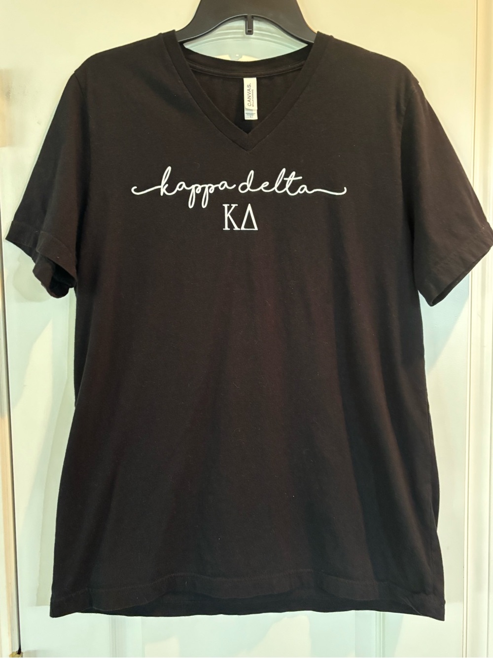 Kappa Delta Black V-Neck Tee with White Script